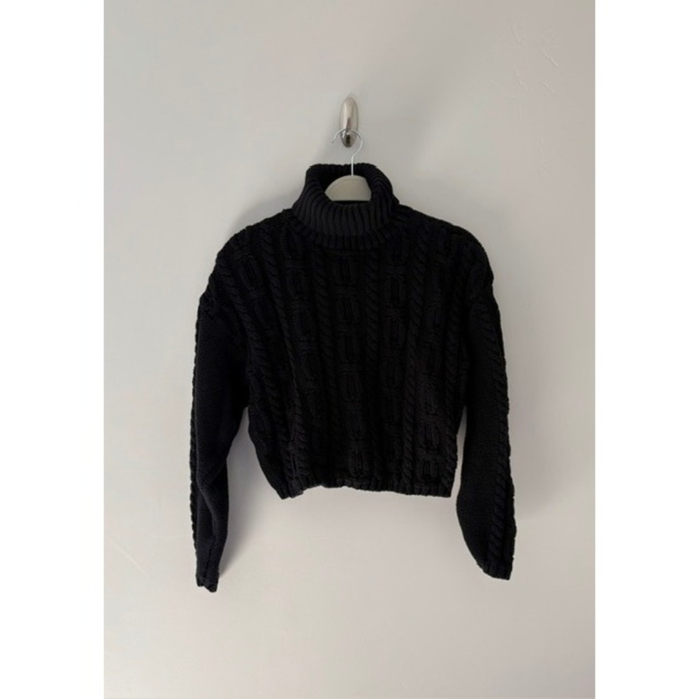 Wainscott Black Cable Knit Turtleneck Cropped Sweater Womens Medium Chunky Knit